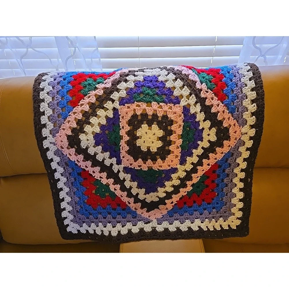 Vtg Handmade Granny‎ Square Crochet Afghan Blanket 30x29 Boho Multi-Color Retro